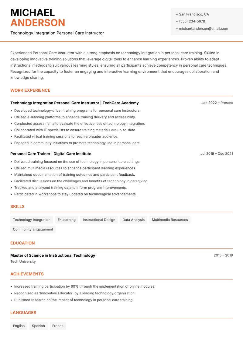 Personal Care Instructor resume template — Modern Professional