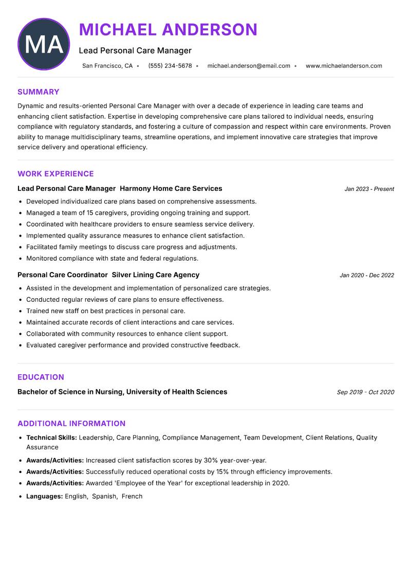 Personal Care Manager resume example — ATS-friendly template