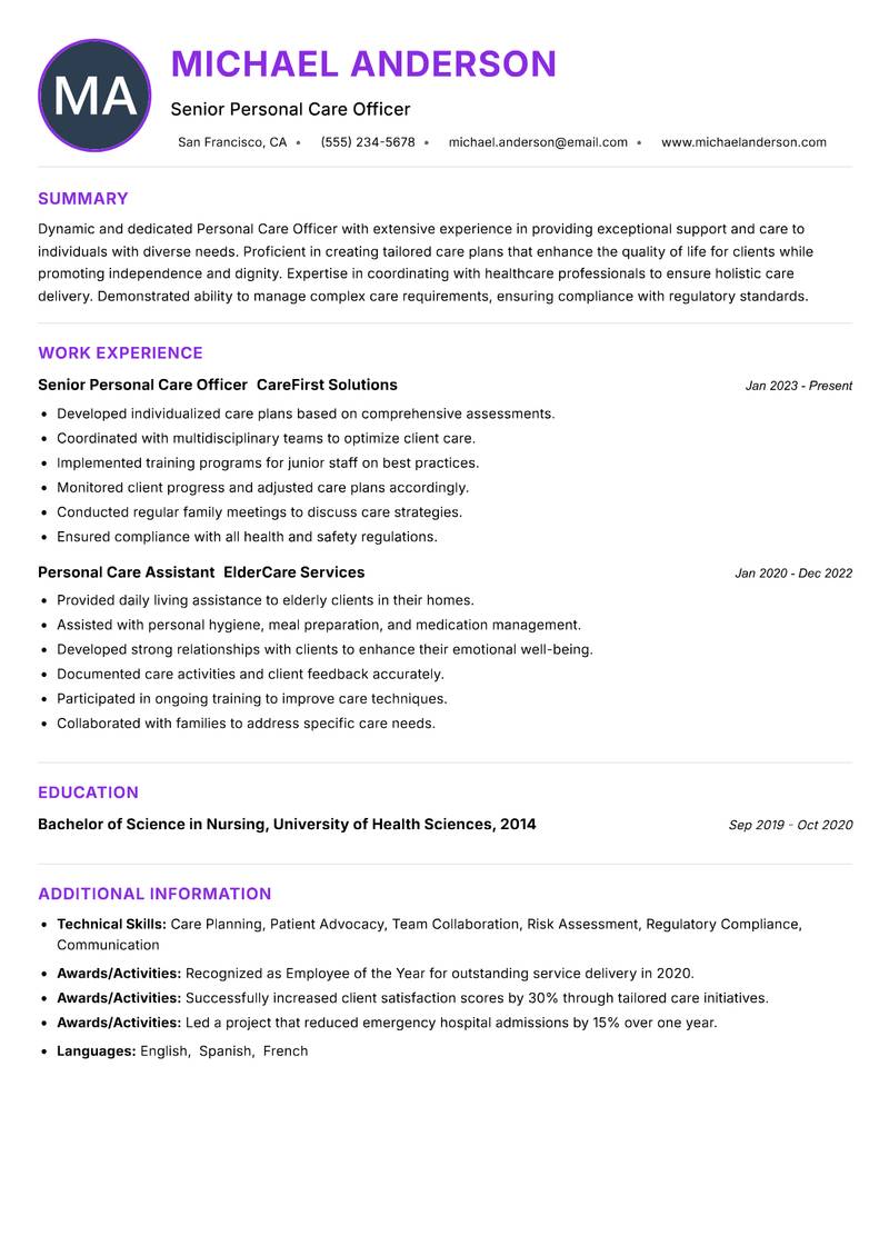 Personal Care Officer resume example — ATS-friendly template