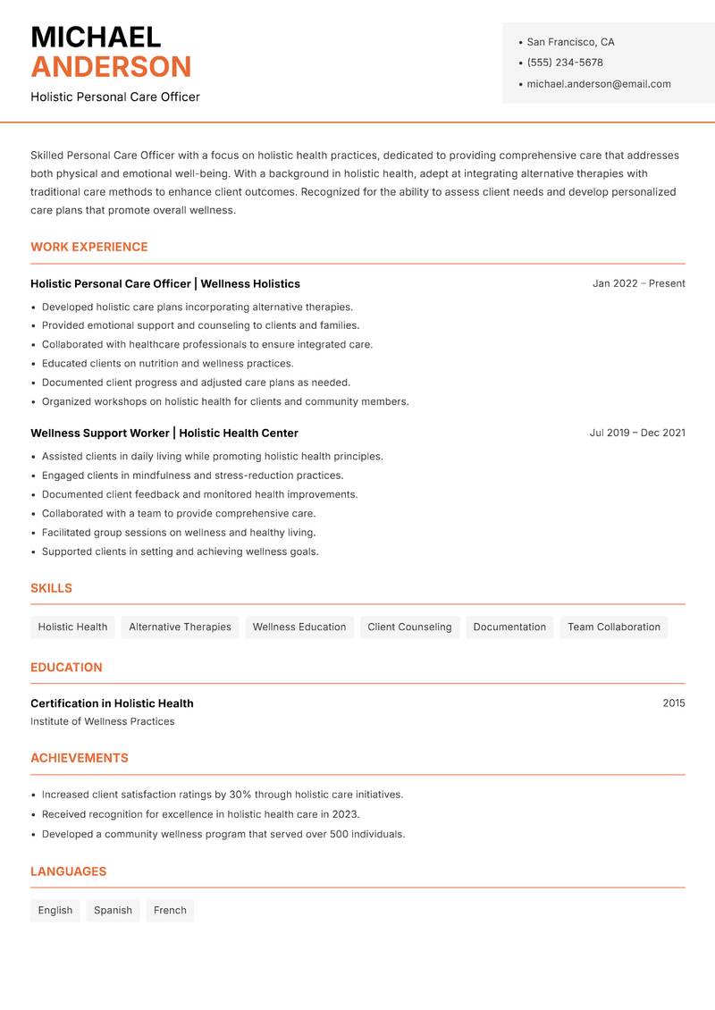 Personal Care Officer resume template — Modern Professional