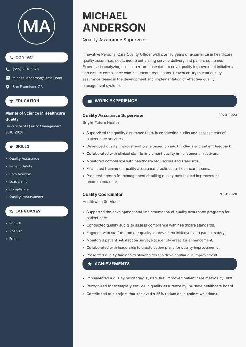 Personal Care Quality Officer resume template — Compact