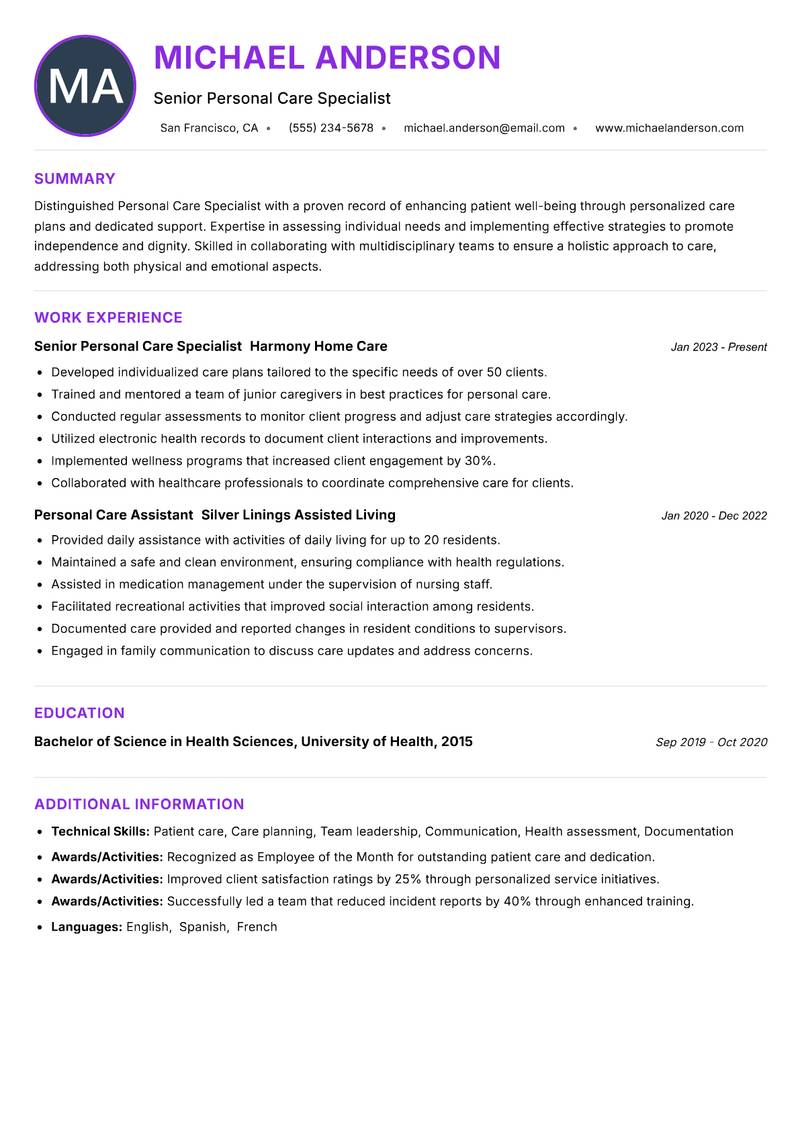 Personal Care Specialist resume example — ATS-friendly template