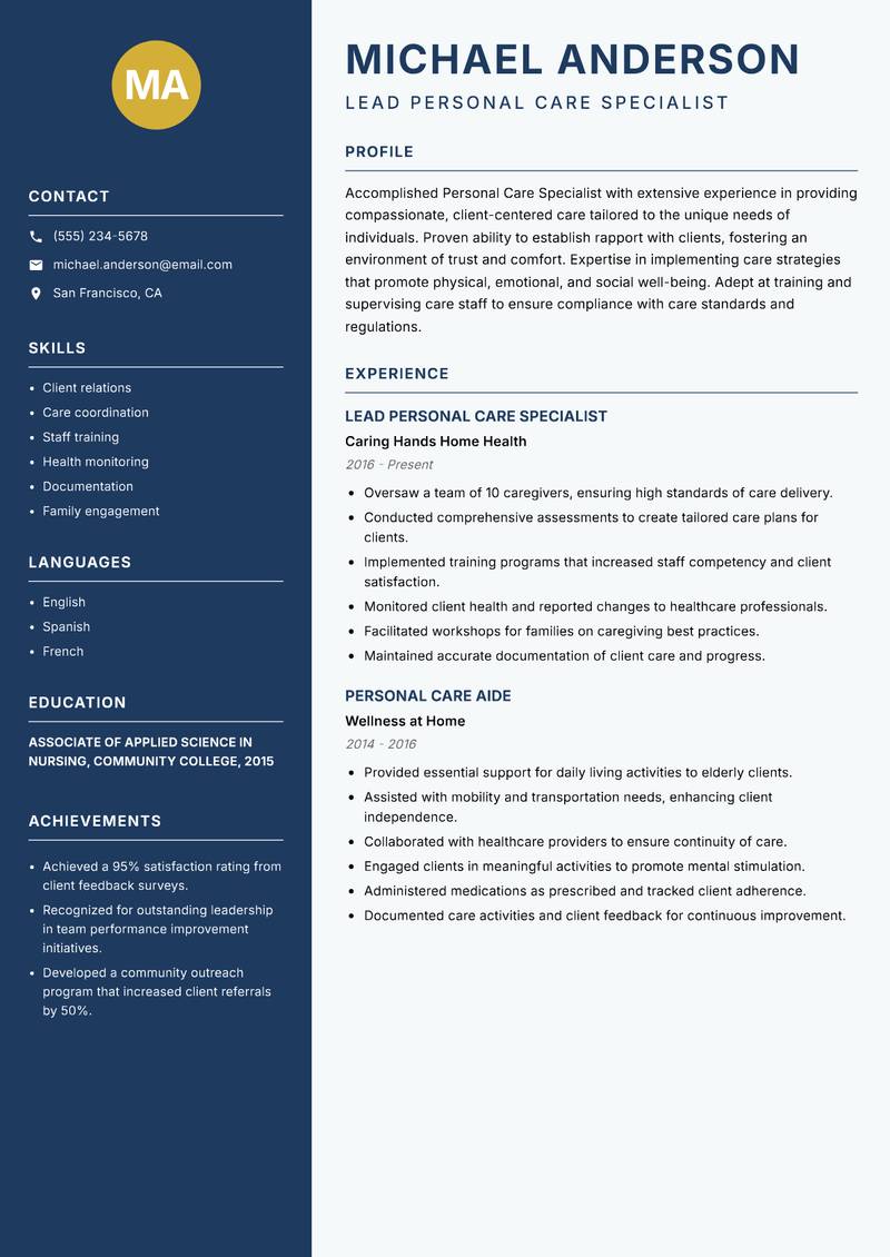 Personal Care Specialist resume template — Classic Clean