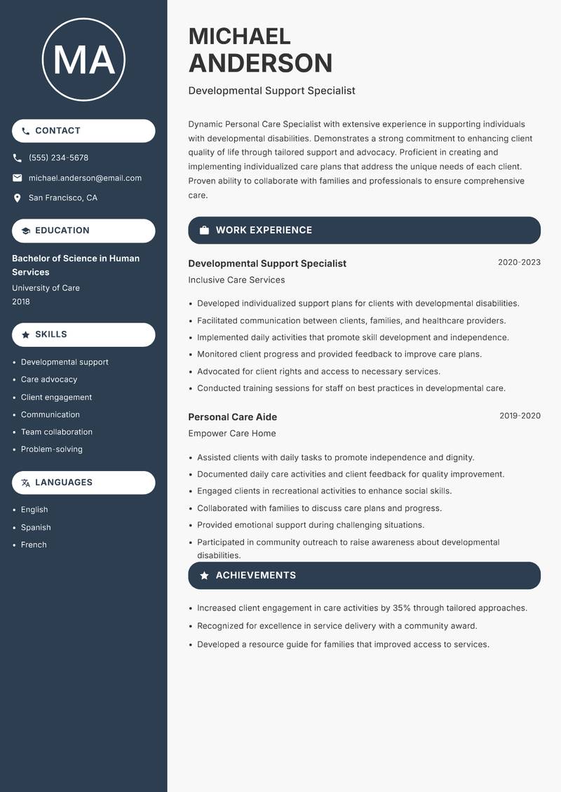 Personal Care Specialist resume template — Compact