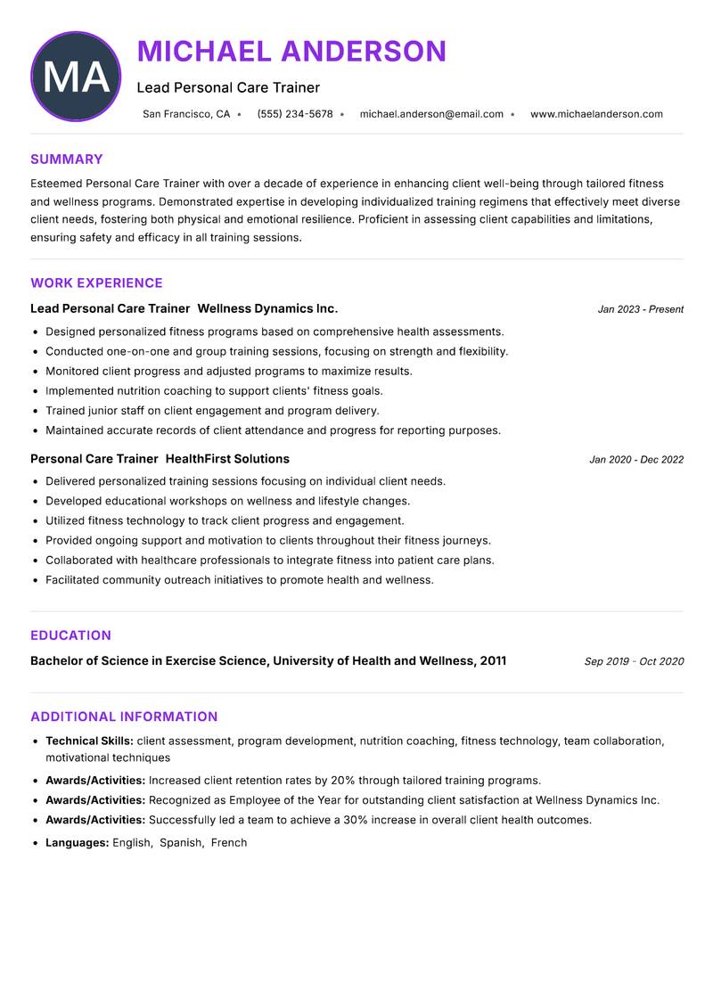 Personal Care Trainer resume example — ATS-friendly template