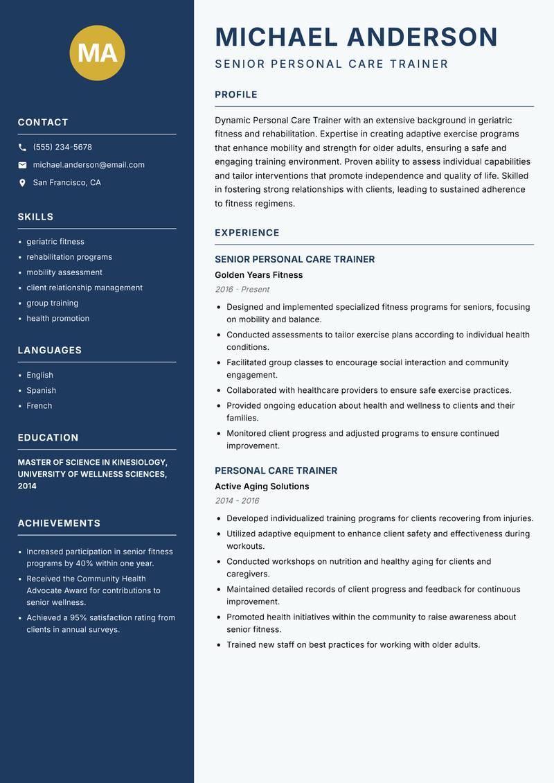 Personal Care Trainer resume template — Classic Clean