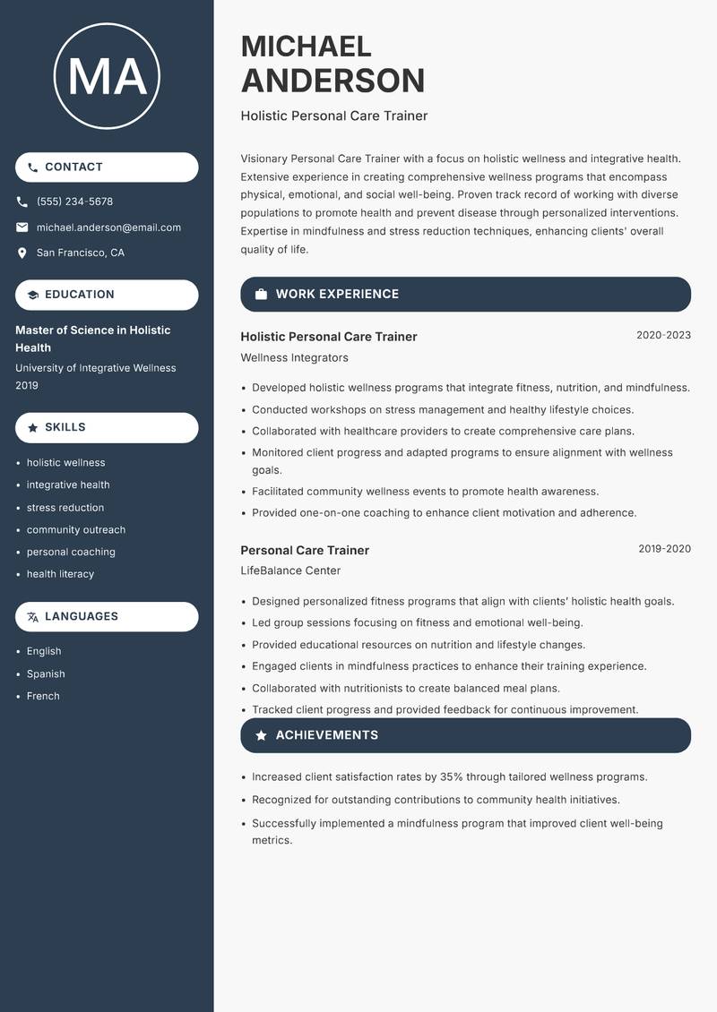 Personal Care Trainer resume template — Compact