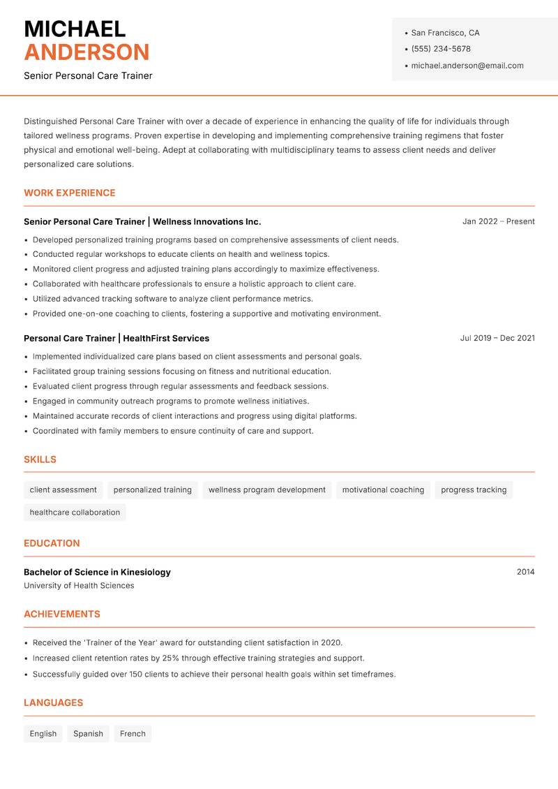 Personal Care Trainer resume template — Modern Professional