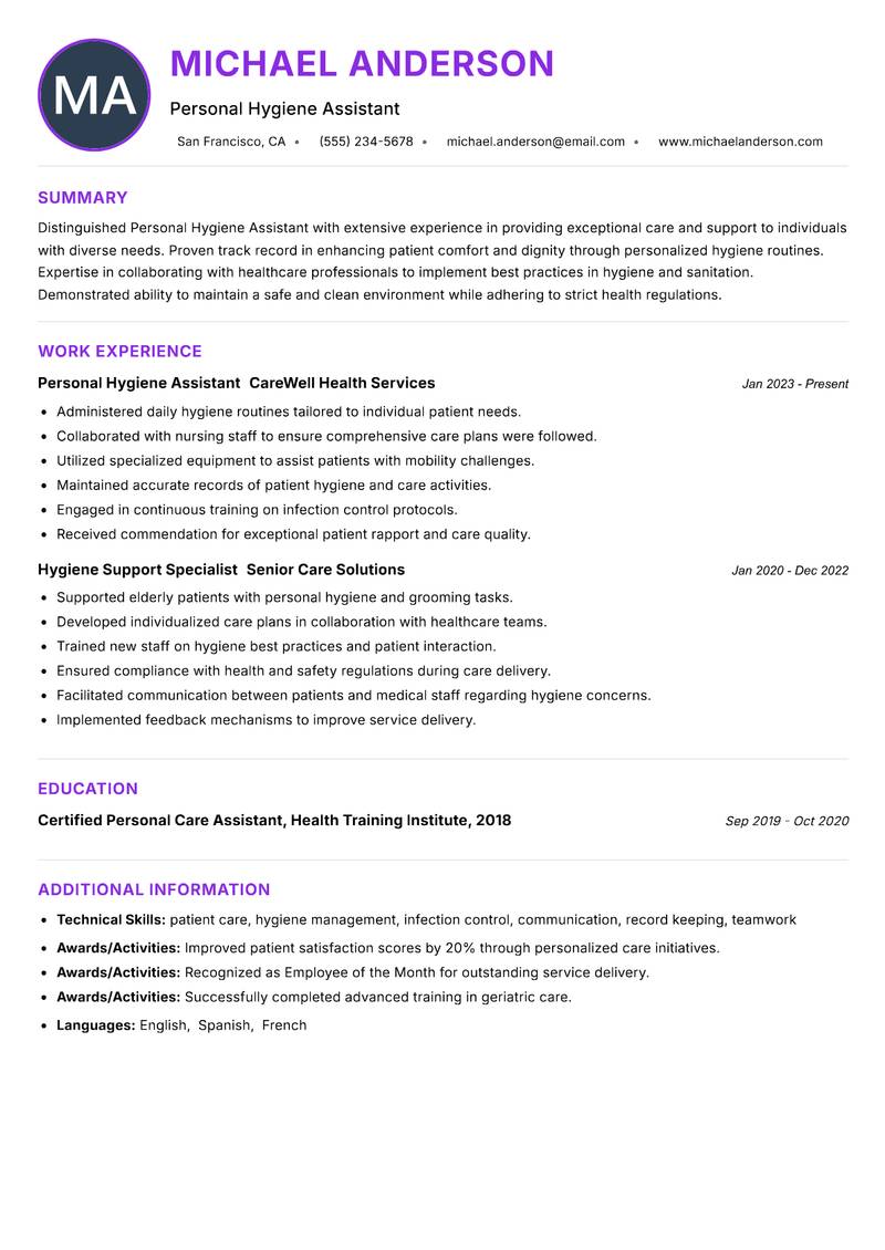 Personal Hygiene Assistant resume example — ATS-friendly template
