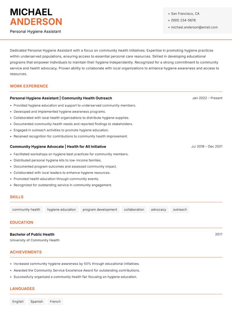 Personal Hygiene Assistant resume template — Modern Professional
