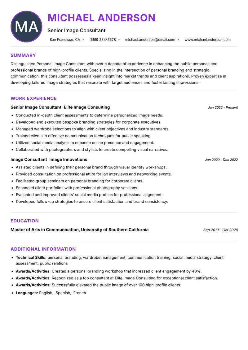Personal Image Consultant resume example — ATS-friendly template