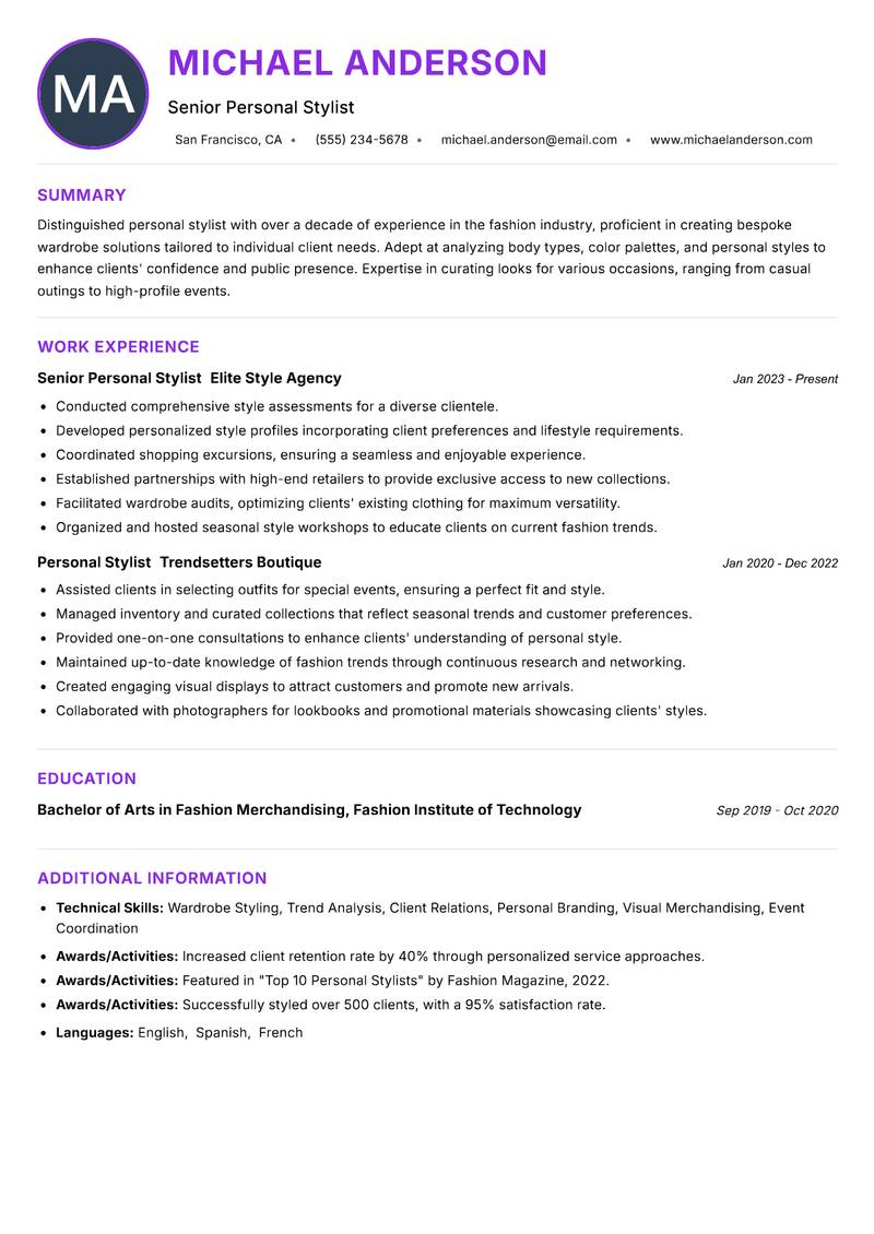 Personal Stylist resume example — ATS-friendly template