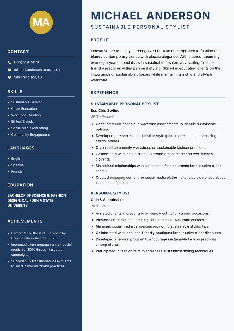 Personal Stylist resume template — Classic Clean