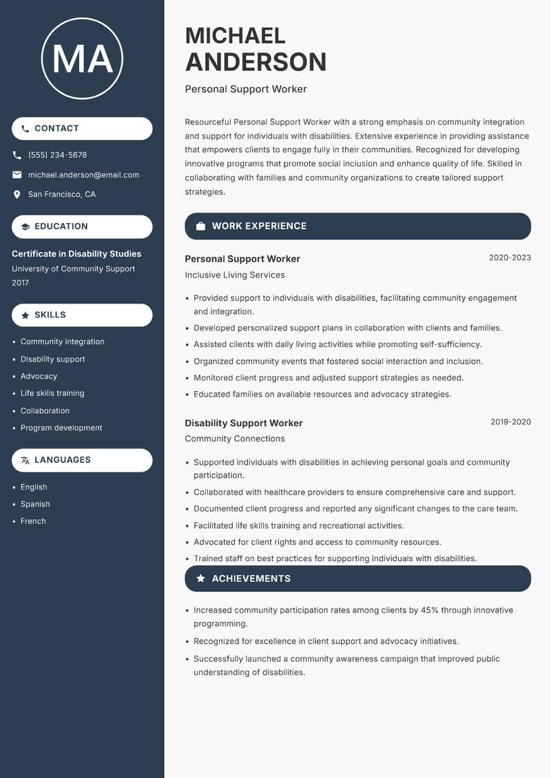 Personal Support Worker resume template — Compact