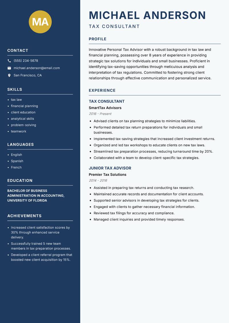 Personal Tax Advisor resume template — Classic Clean