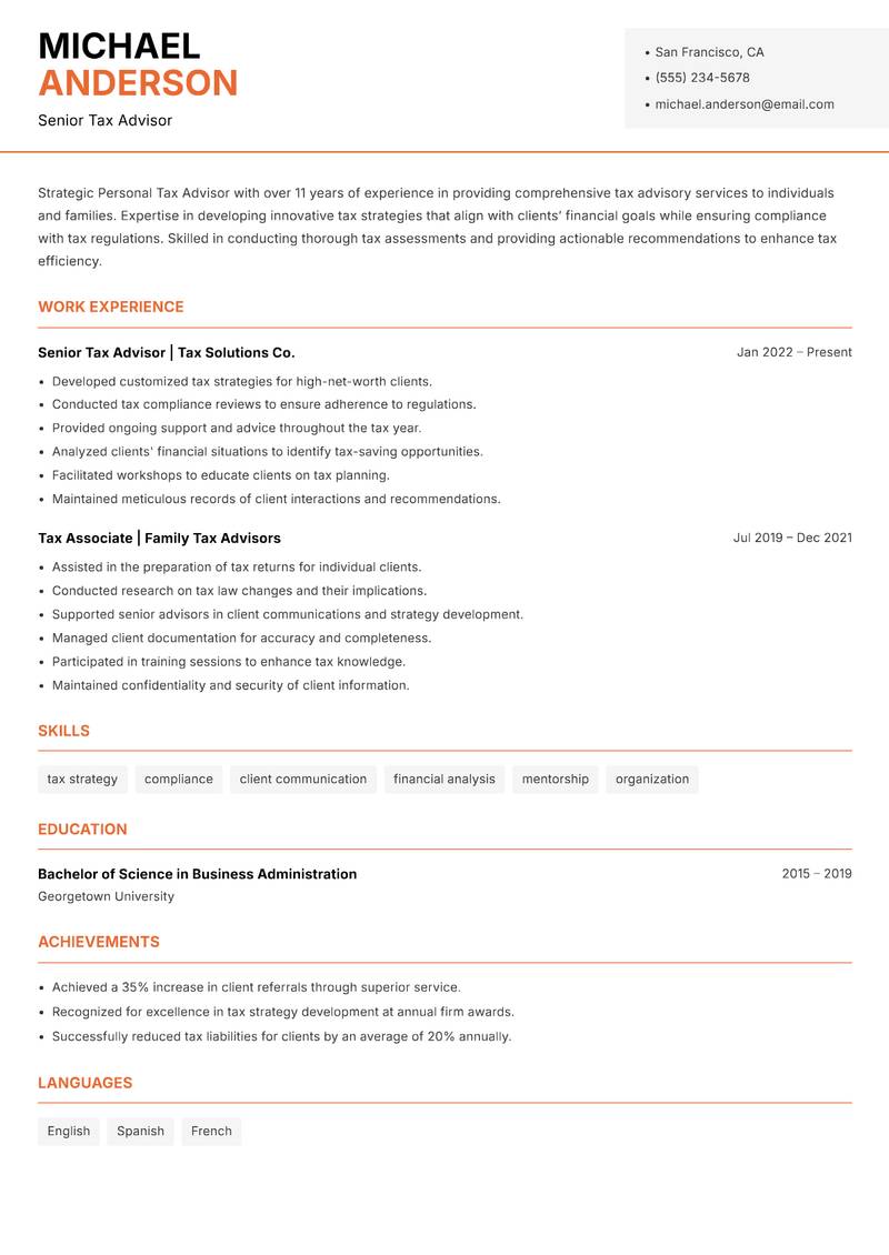 Personal Tax Advisor resume template — Modern Professional