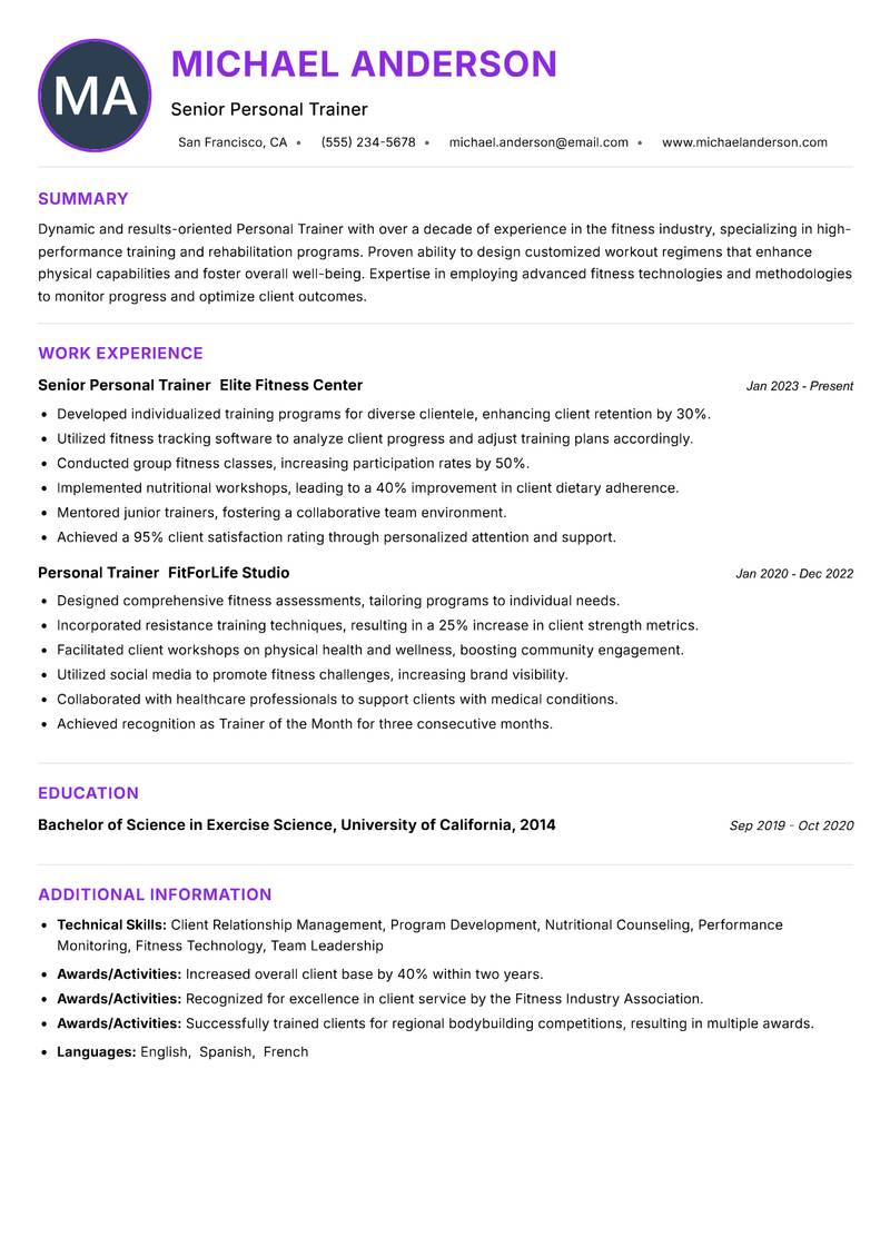Personal Trainer resume example — ATS-friendly template