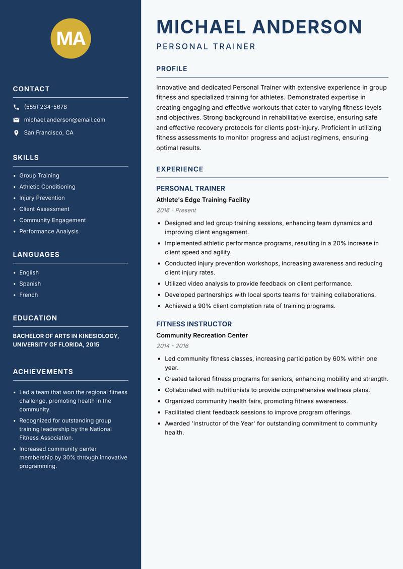 Personal Trainer resume template — Classic Clean