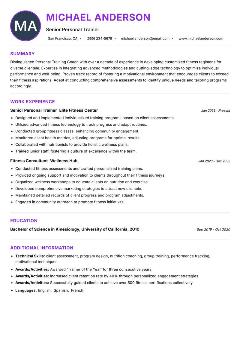 Personal Training Coach resume example — ATS-friendly template