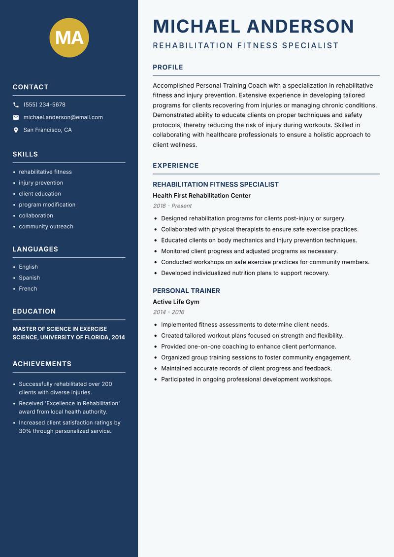 Personal Training Coach resume template — Classic Clean
