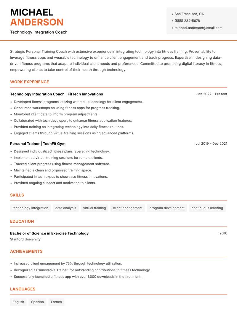 Personal Training Coach resume template — Modern Professional