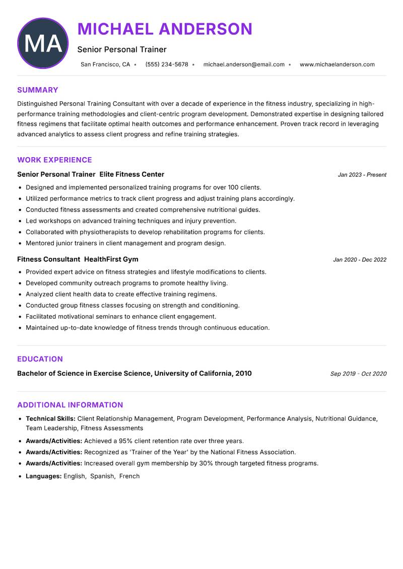 Personal Training Consultant resume example — ATS-friendly template