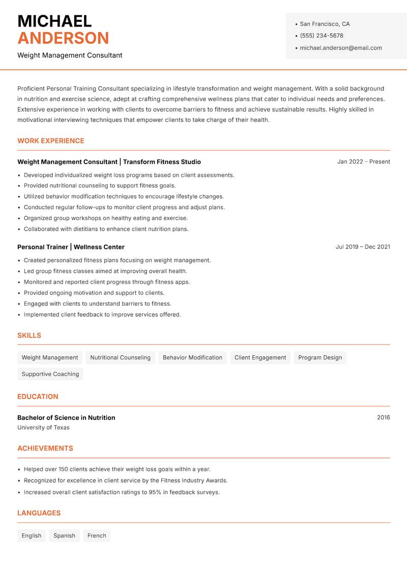 Personal Training Consultant resume template — Modern Professional