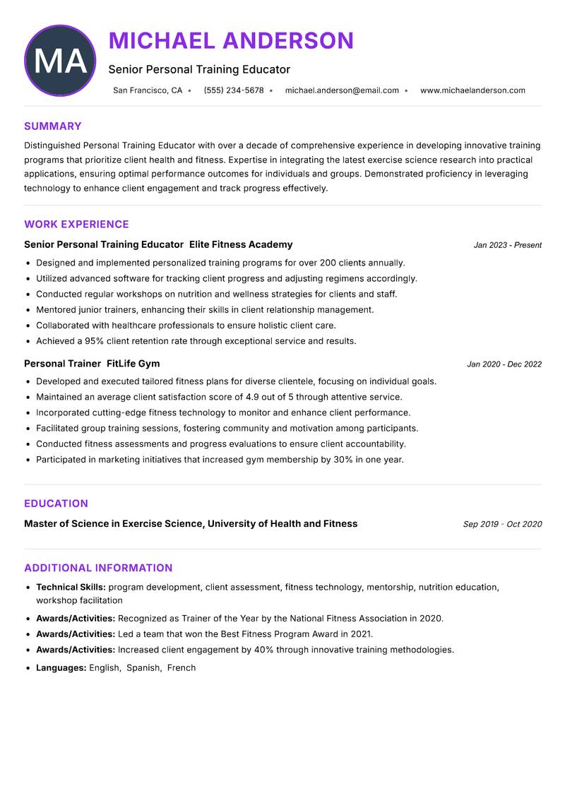 Personal Training Educator resume example — ATS-friendly template