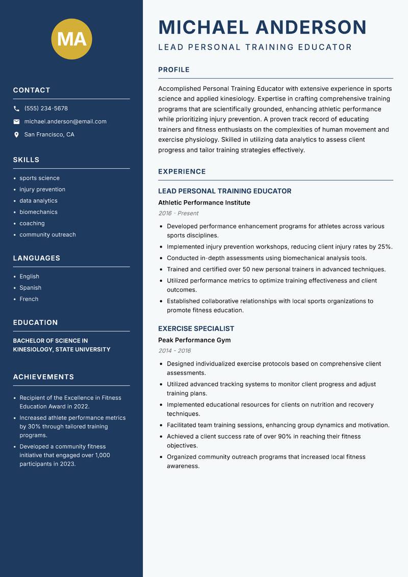 Personal Training Educator resume template — Classic Clean