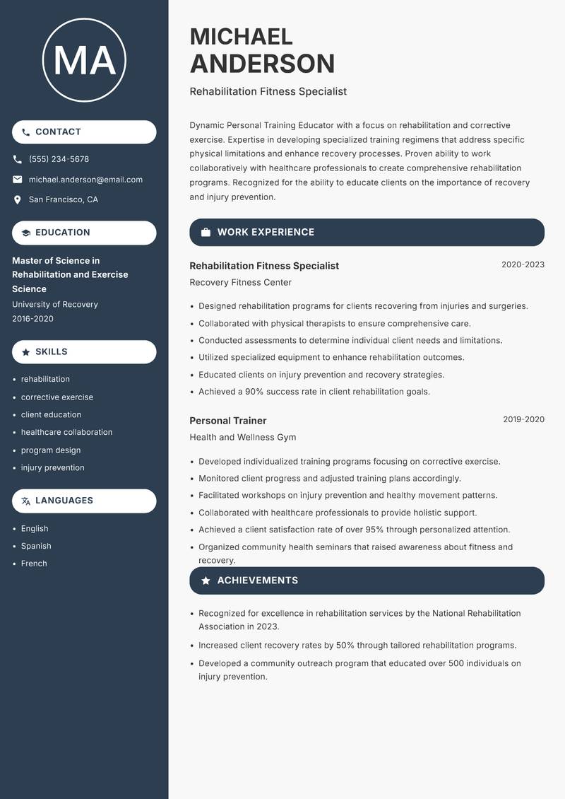 Personal Training Educator resume template — Compact