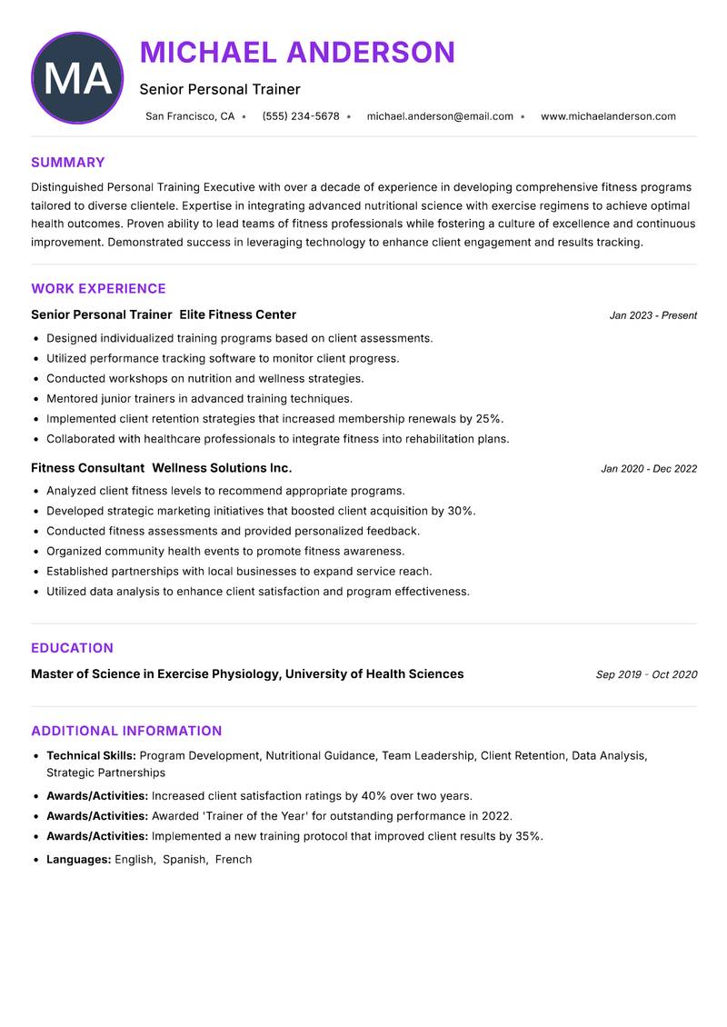 Personal Training Executive resume example — ATS-friendly template