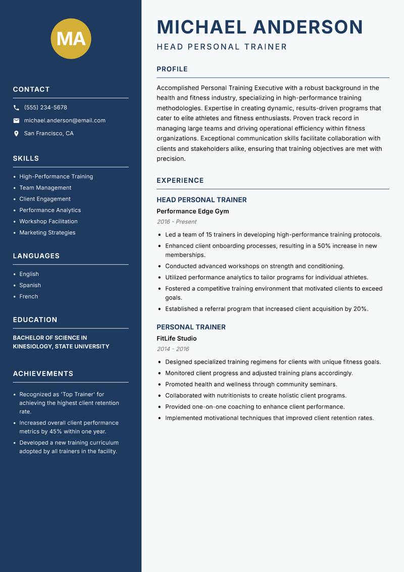 Personal Training Executive resume template — Classic Clean