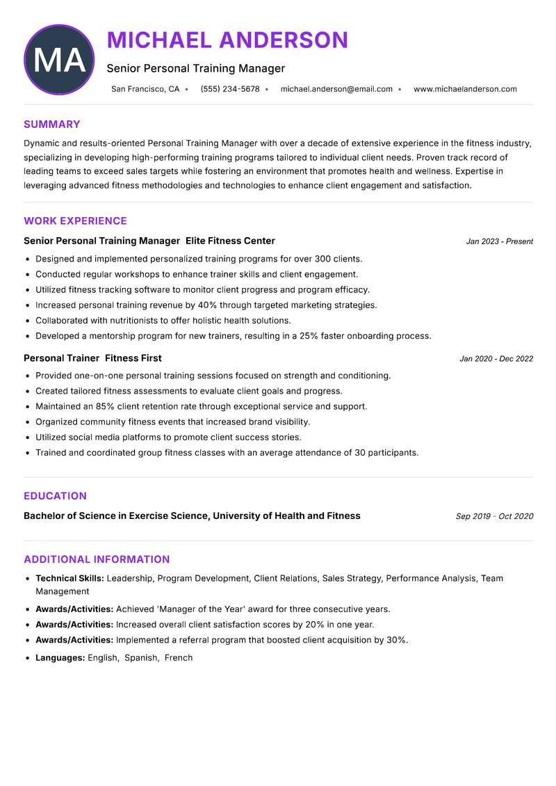 Personal Training Manager resume example — ATS-friendly template