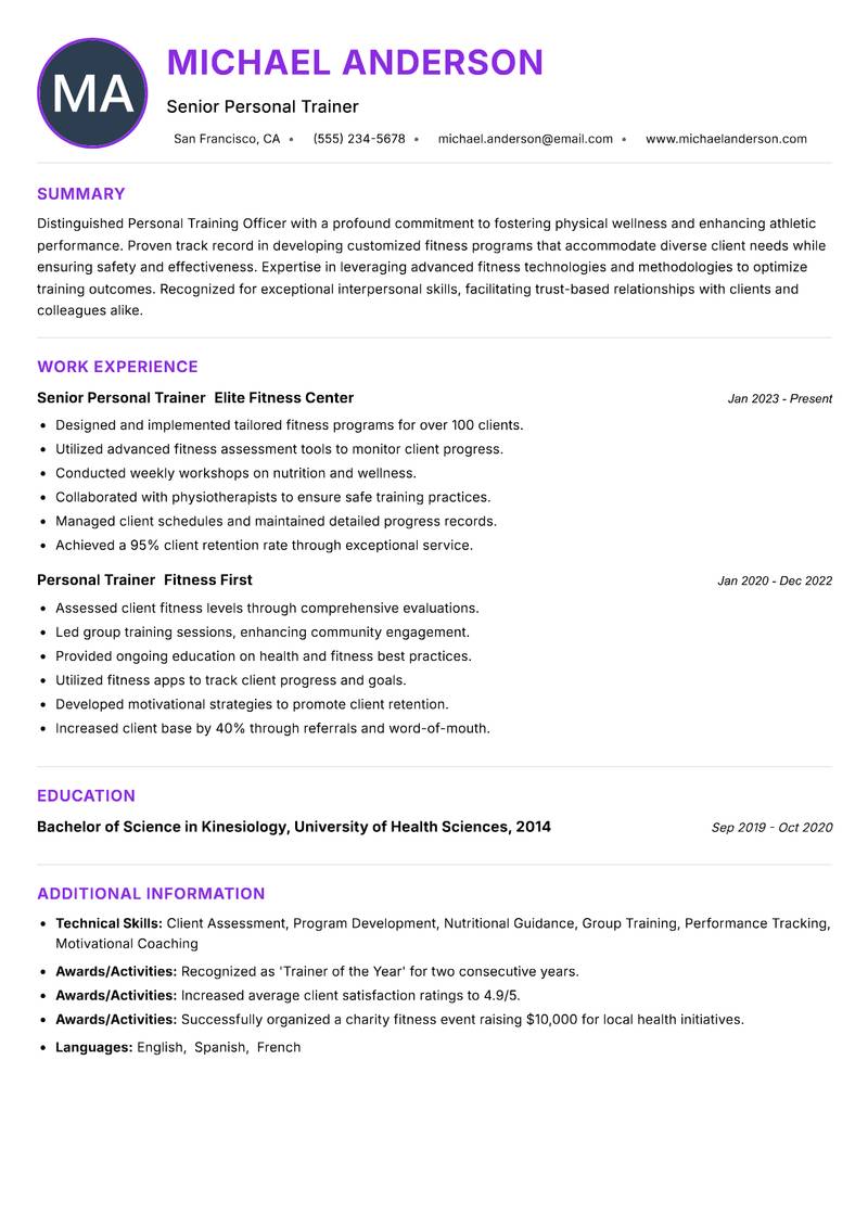 Personal Training Officer resume example — ATS-friendly template