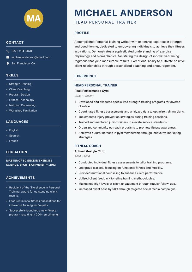 Personal Training Officer resume template — Classic Clean