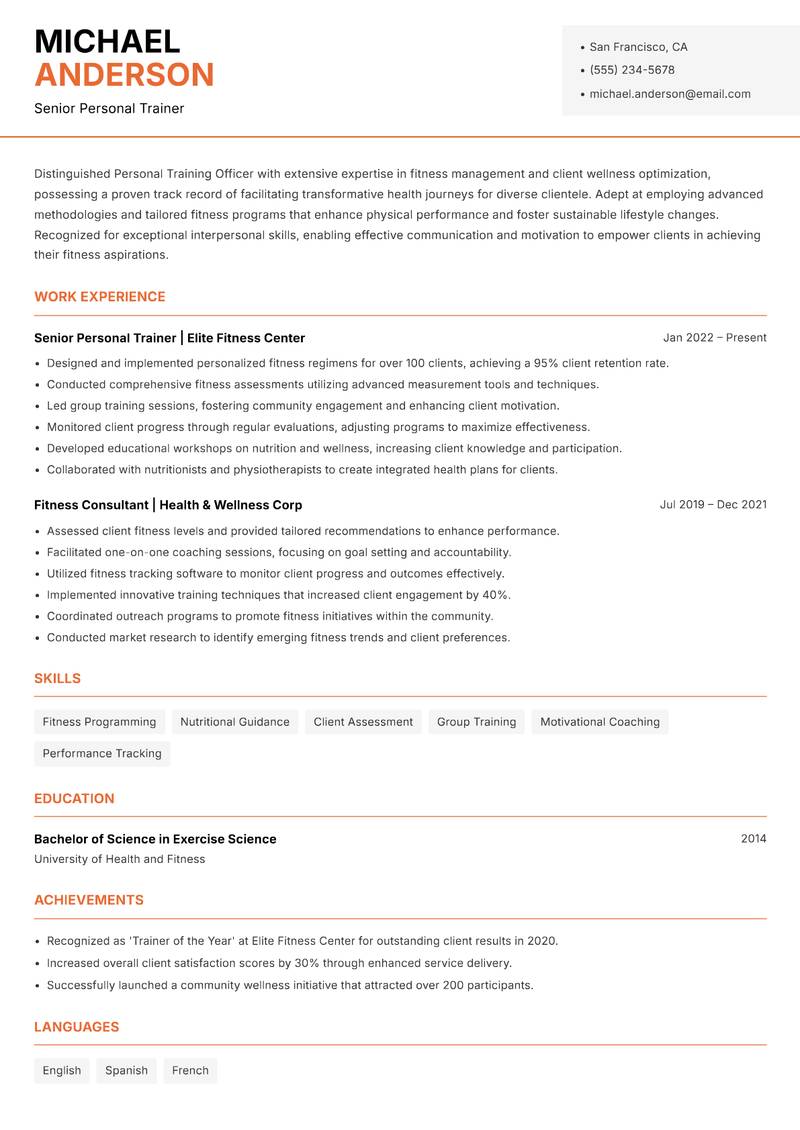 Personal Training Officer resume template — Modern Professional
