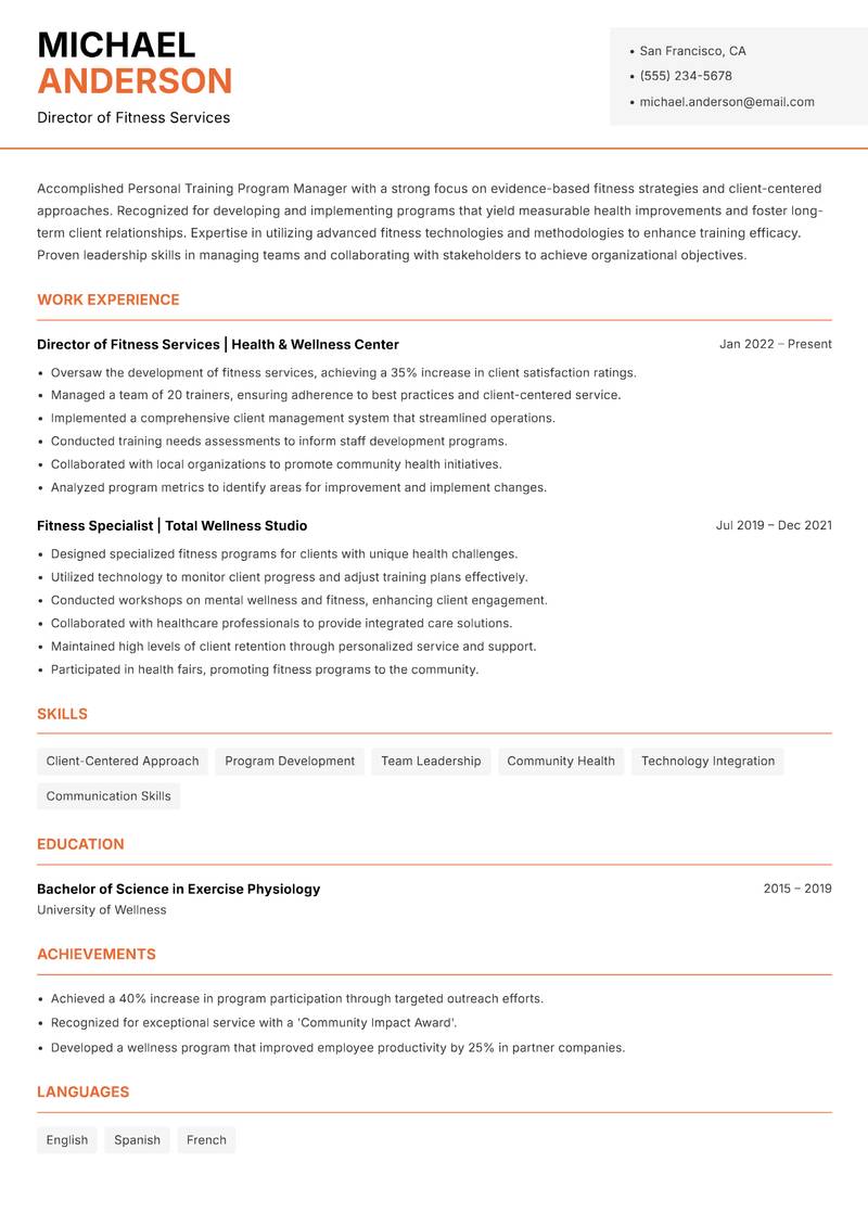 Personal Training Program Manager resume template — Modern Professional