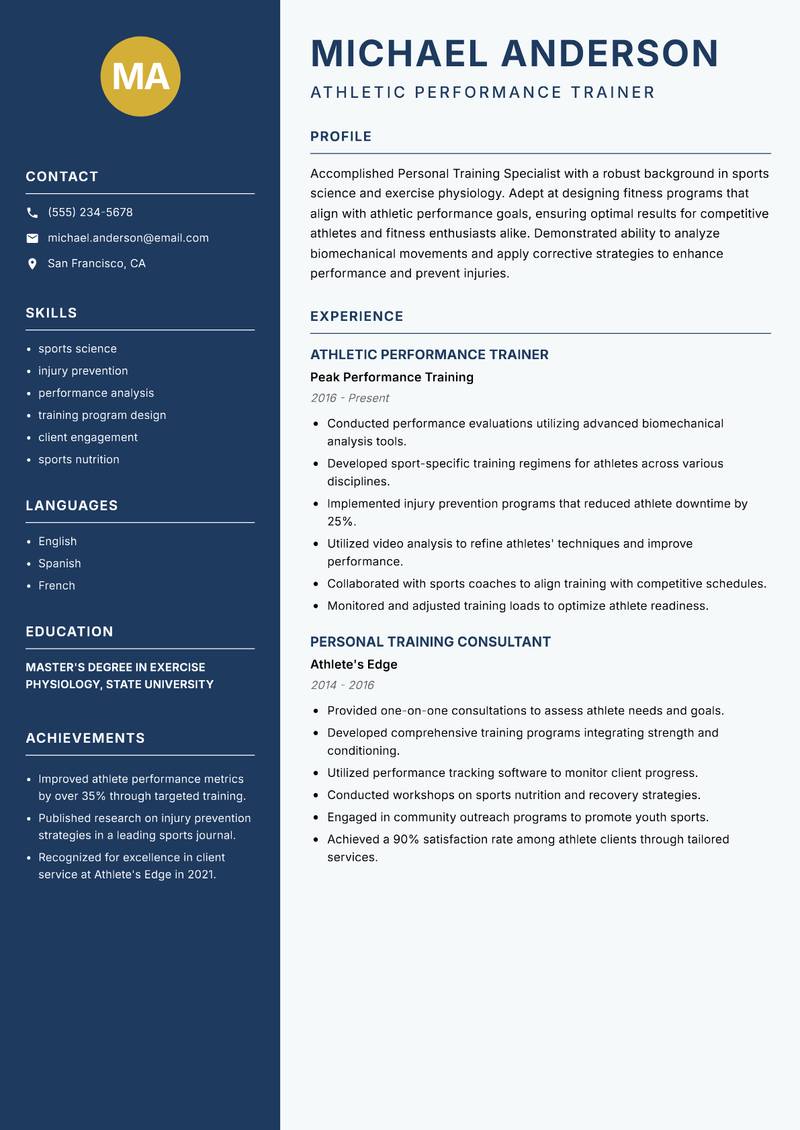Personal Training Specialist resume template — Classic Clean