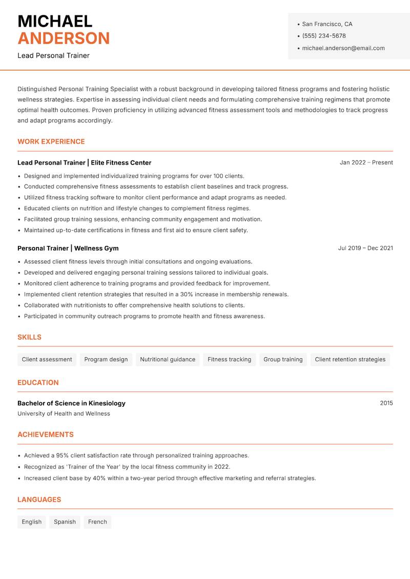 Personal Training Specialist resume template — Modern Professional