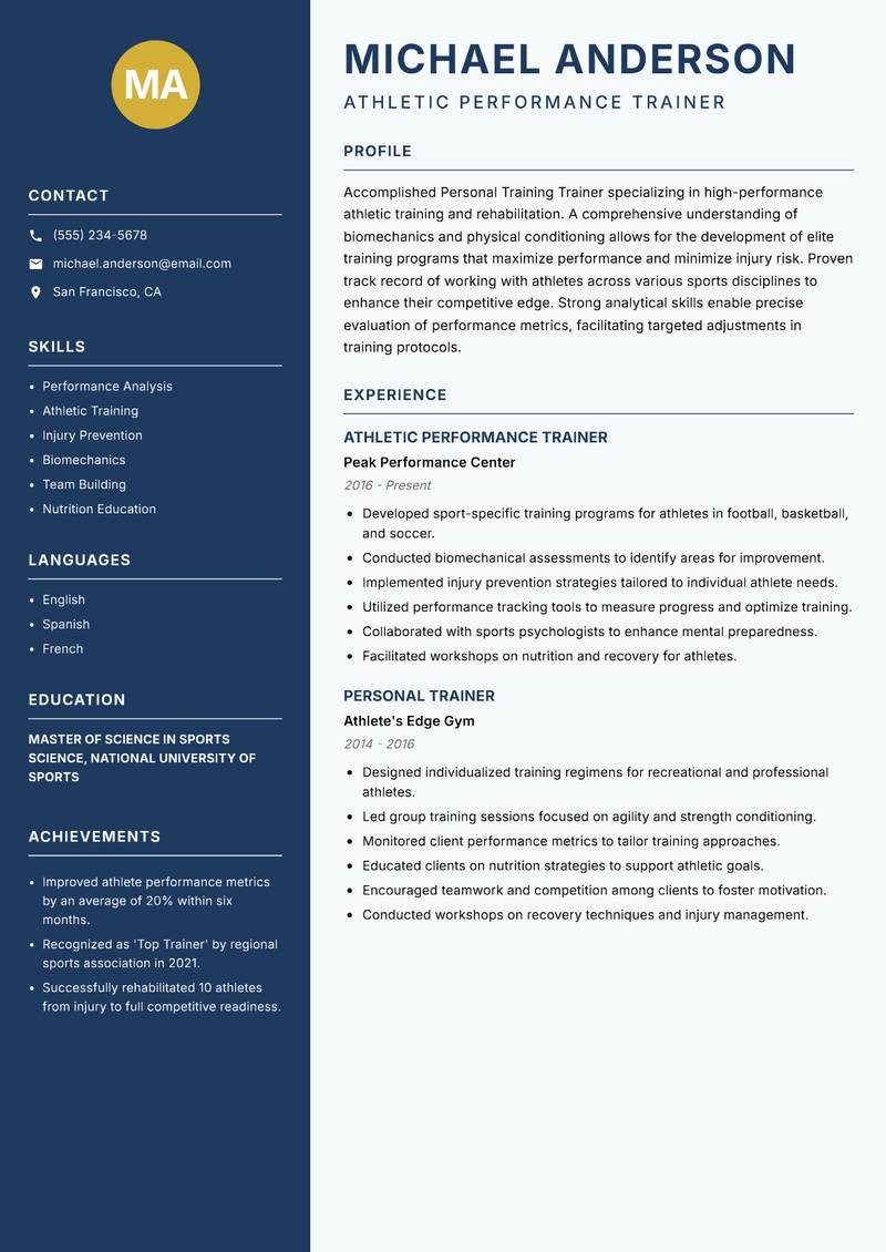 Personal Training Trainer resume template — Classic Clean
