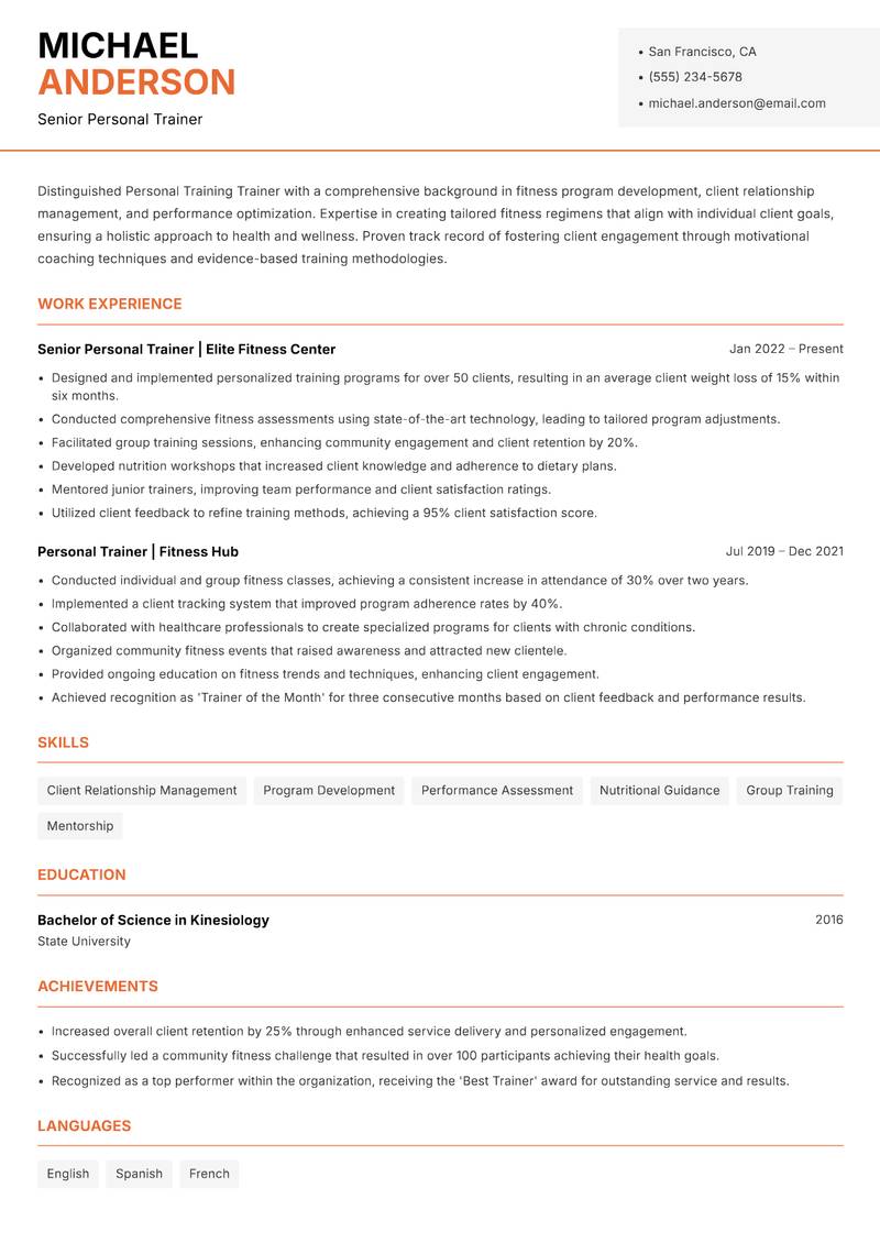 Personal Training Trainer resume template — Modern Professional