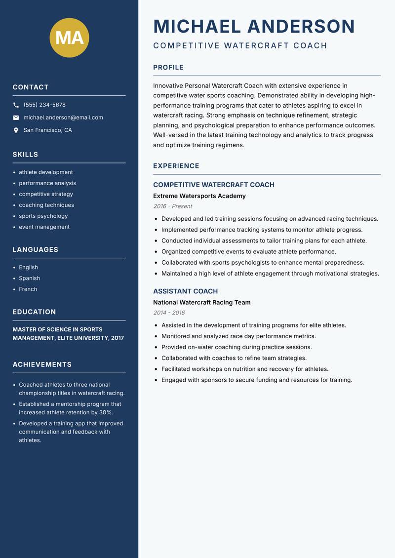 Personal Watercraft Coach resume template — Classic Clean