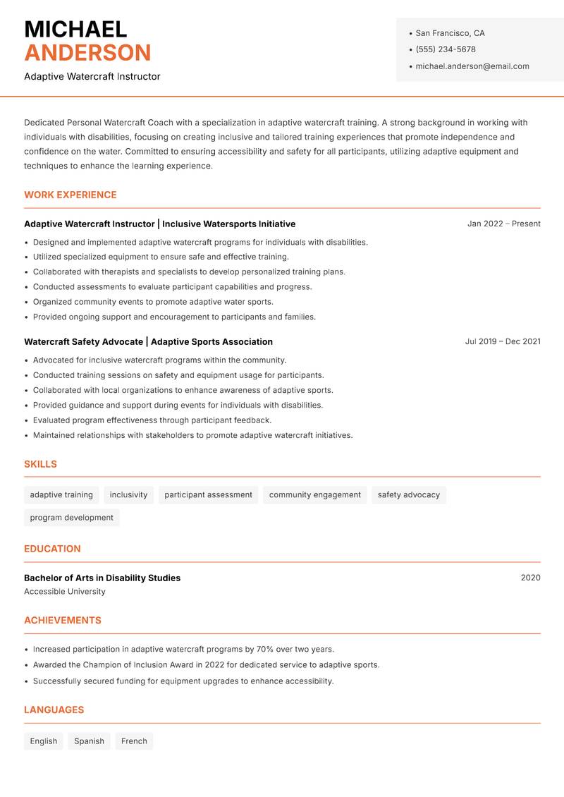 Personal Watercraft Coach resume template — Modern Professional