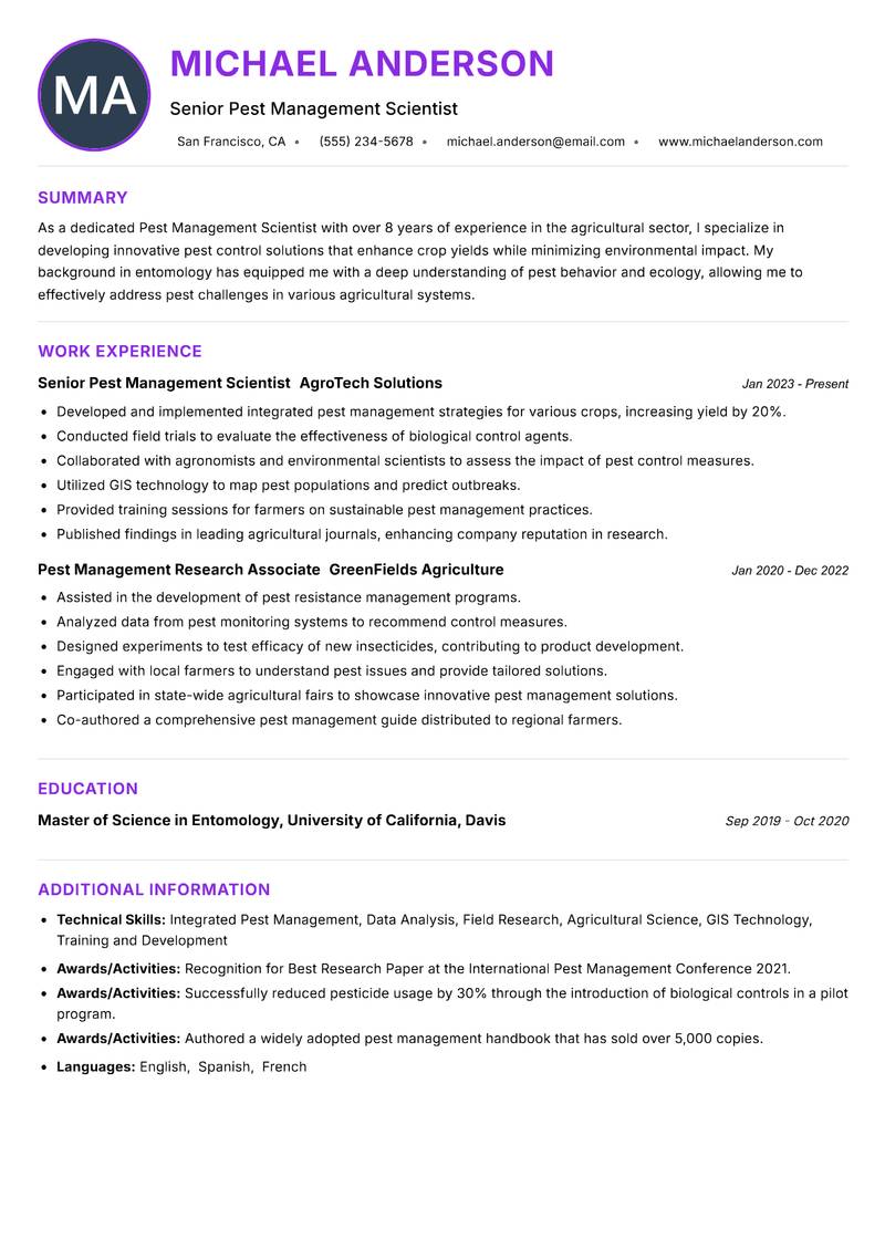 Pest Management Scientist resume example — ATS-friendly template