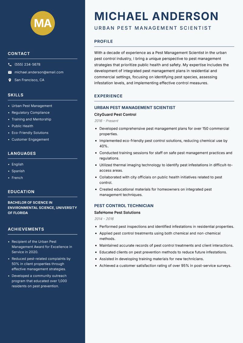 Pest Management Scientist resume template — Classic Clean