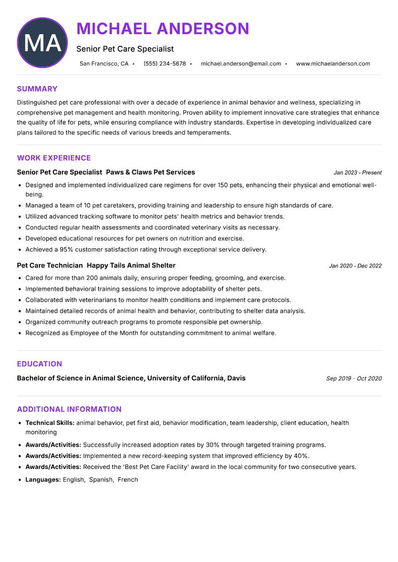 Pet Caretaker resume example — ATS-friendly template