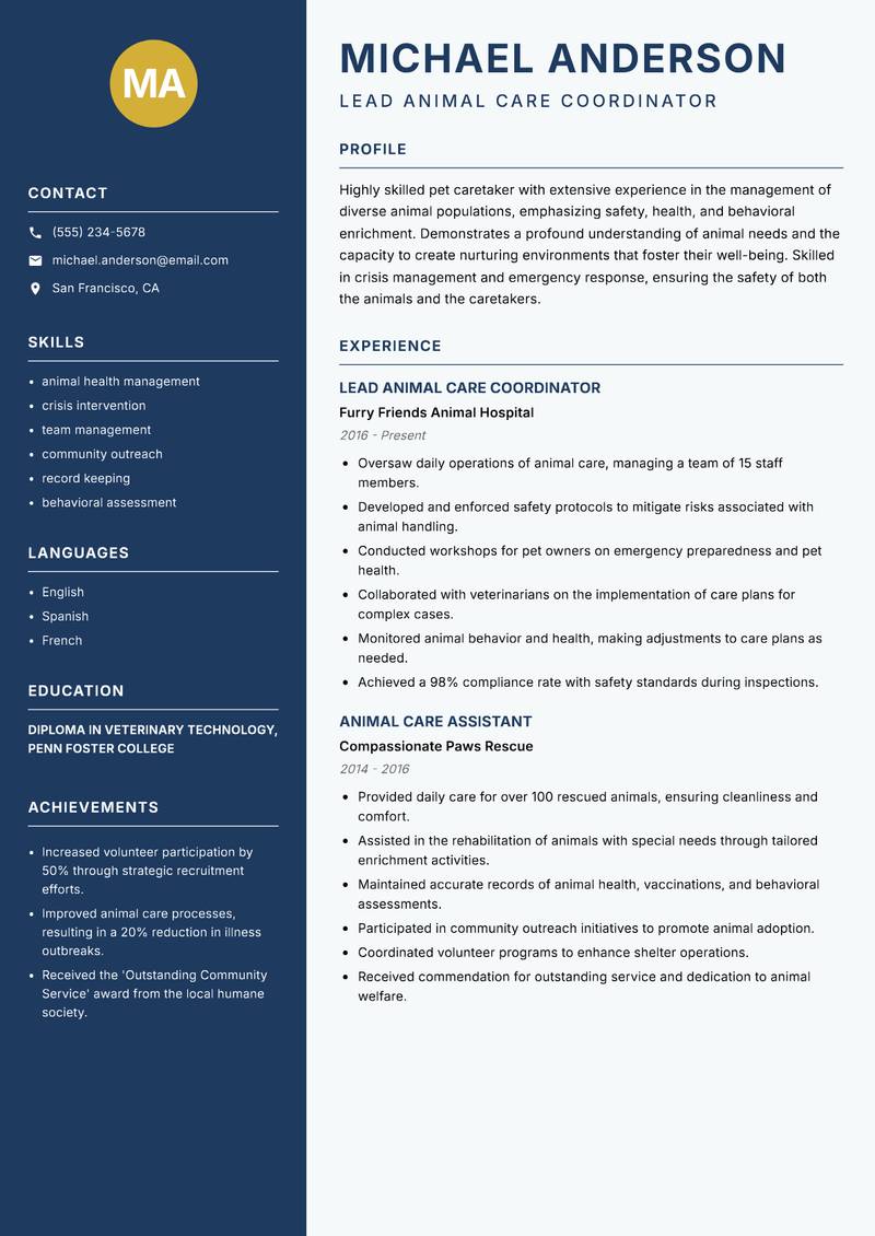 Pet Caretaker resume template — Classic Clean