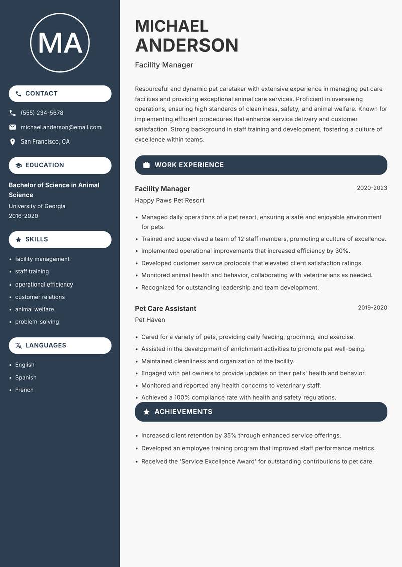 Pet Caretaker resume template — Compact