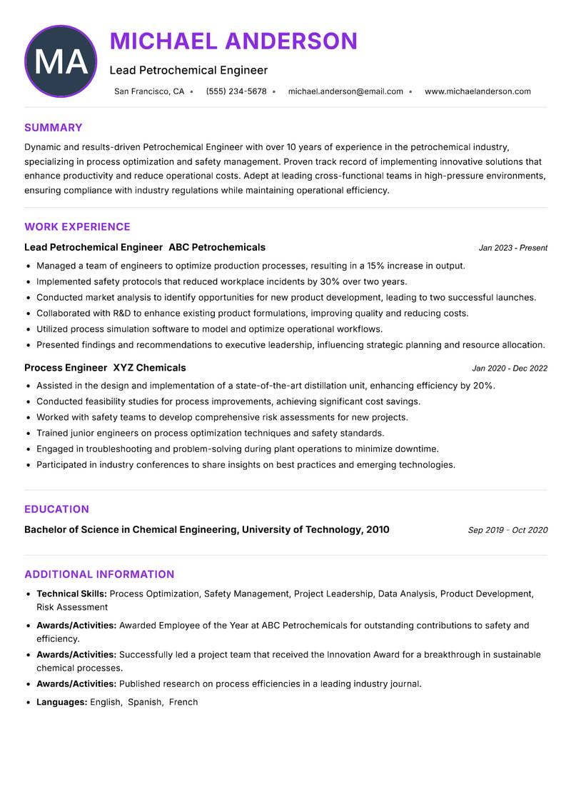 Petrochemical Engineer resume example — ATS-friendly template