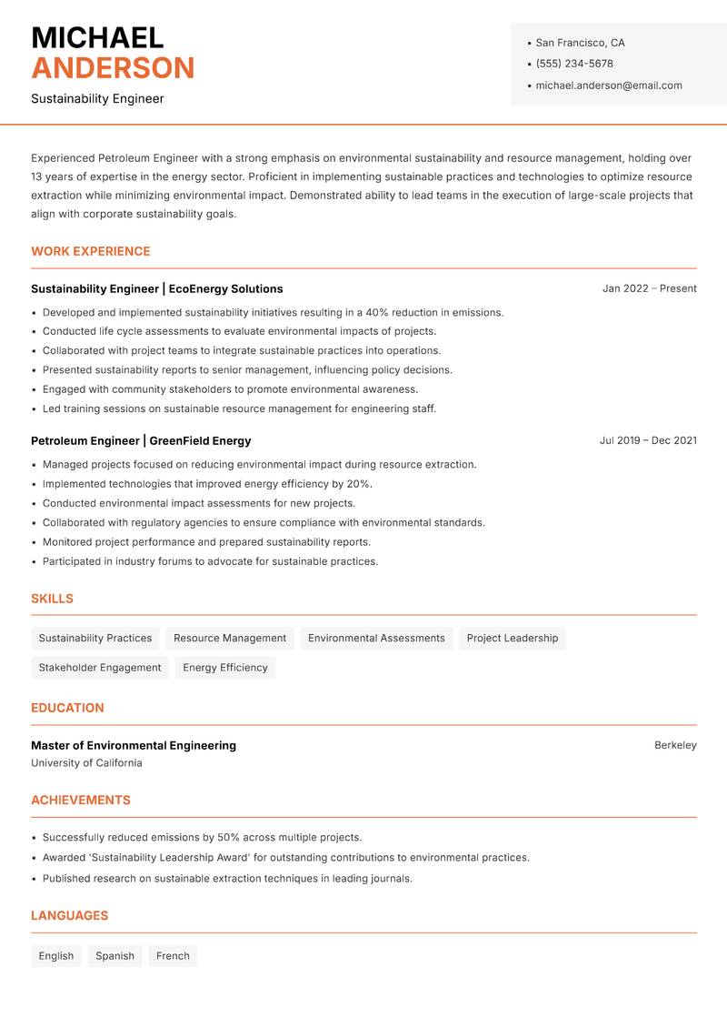 Petroleum Engineer resume template — Modern Professional